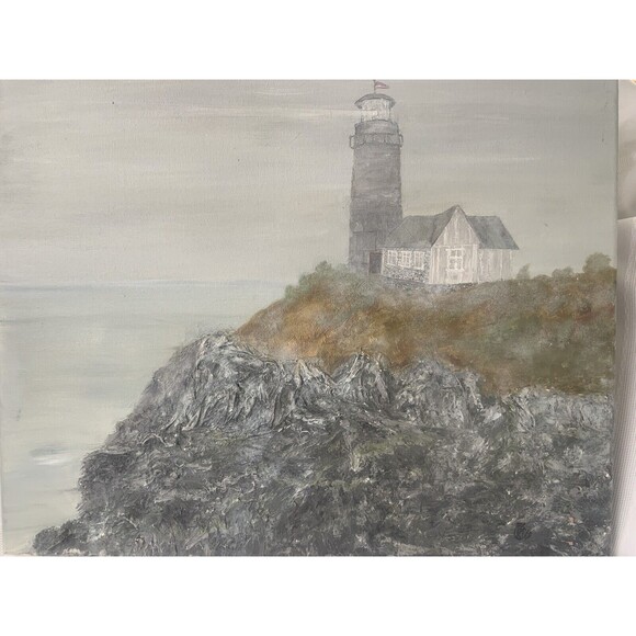 Hand Painted Original  Painting On Canvas Lighthouse Heavily Textured Sea Waves - Picture 2 of 11